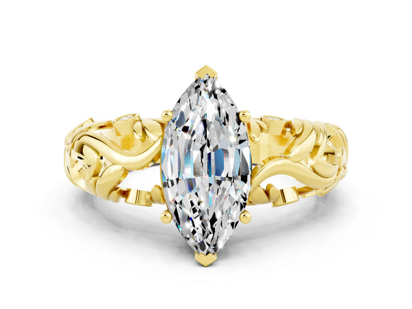 Yellow gold Marquise Cut Solitaire Moissanite Leaf-Inspired Vine Band Ring with Prong Setting