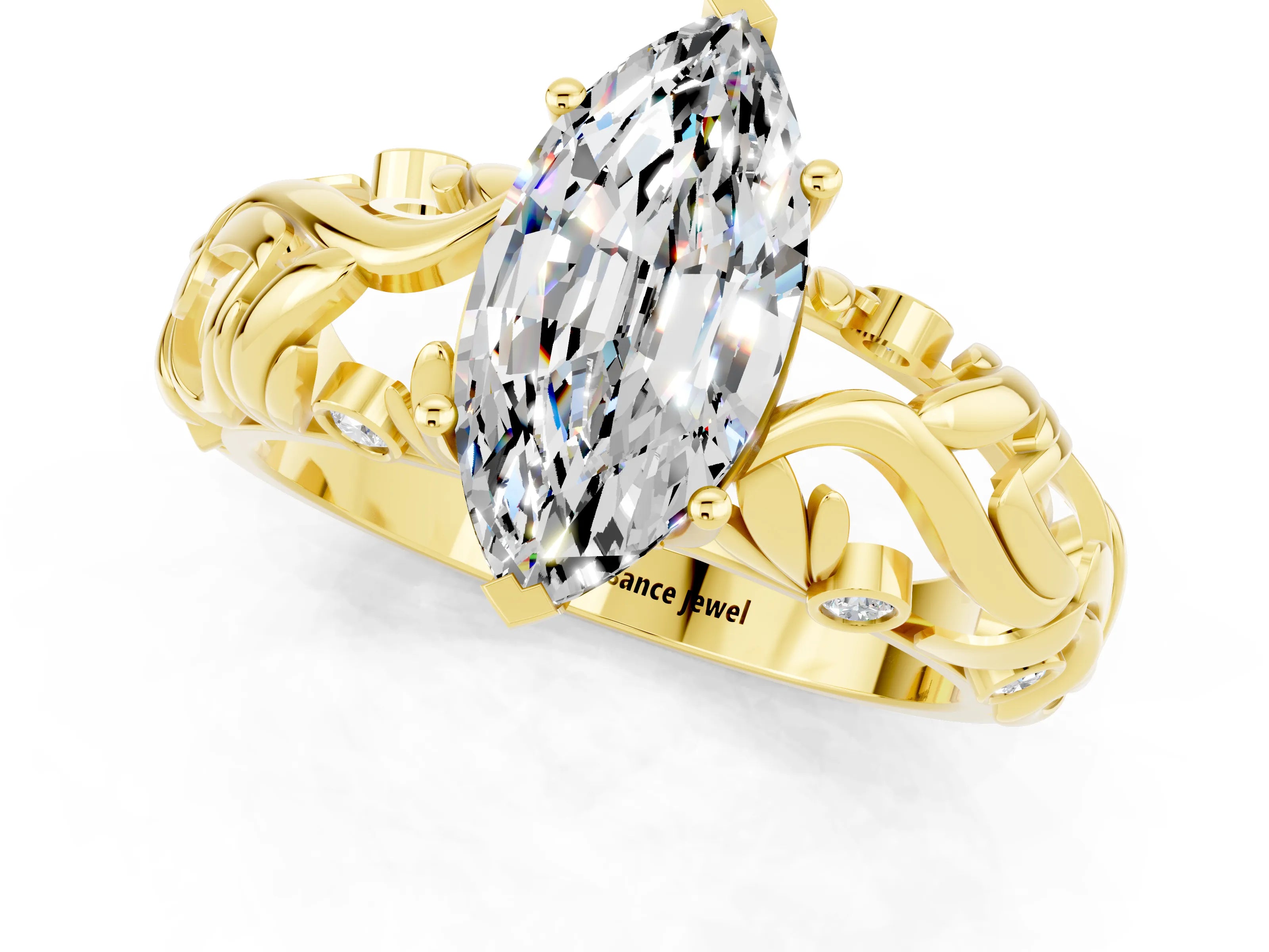 Yellow gold Marquise Cut Solitaire Moissanite Leaf-Inspired Vine Band Ring with Prong Setting_1