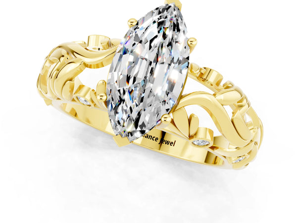 Yellow gold Marquise Cut Solitaire Moissanite Leaf-Inspired Vine Band Ring with Prong Setting