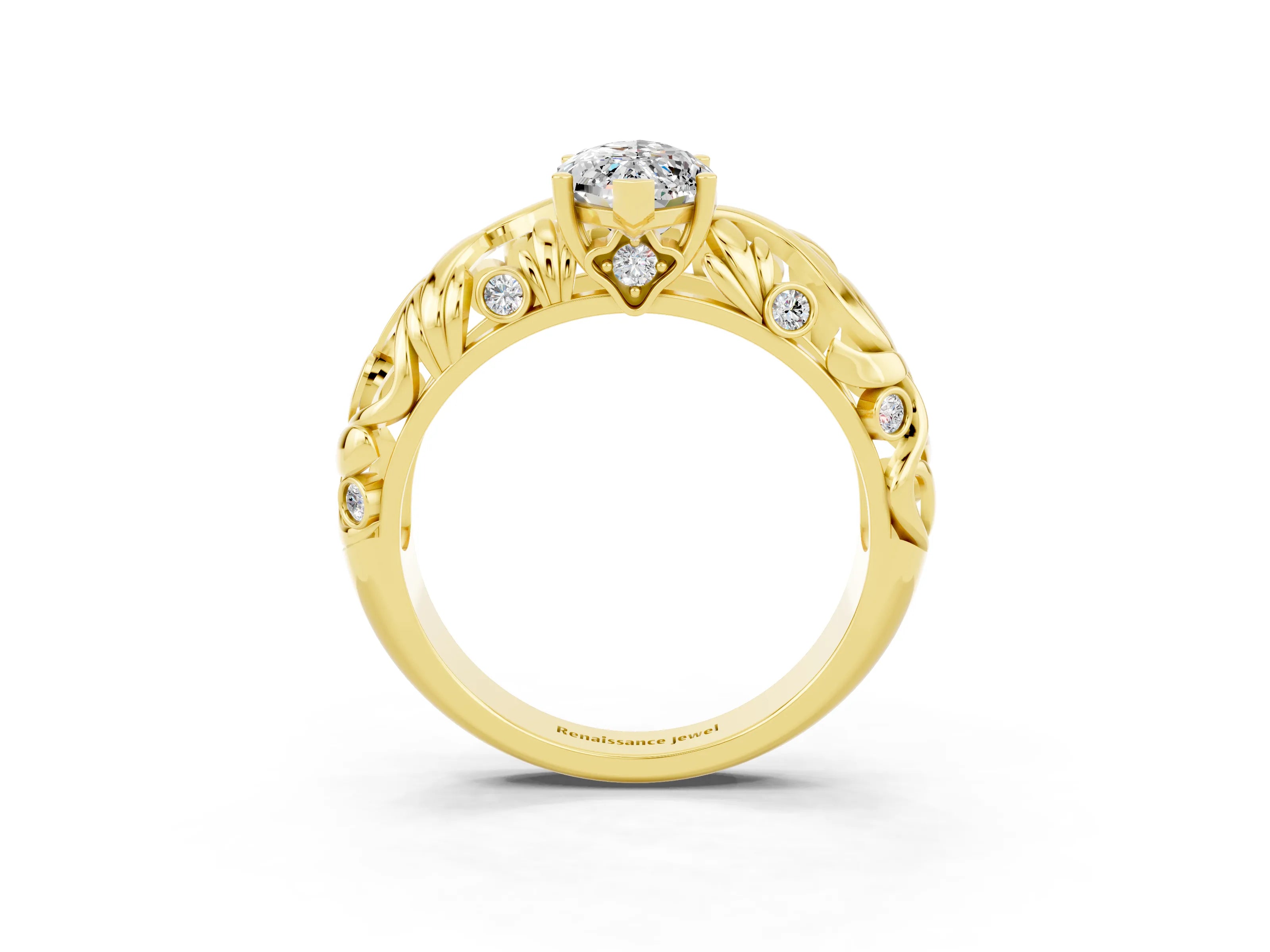 Yellow gold Marquise Cut Solitaire Moissanite Leaf-Inspired Vine Band Ring with Prong Setting_3