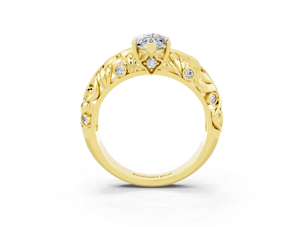 Yellow gold Marquise Cut Solitaire Moissanite Leaf-Inspired Vine Band Ring with Prong Setting