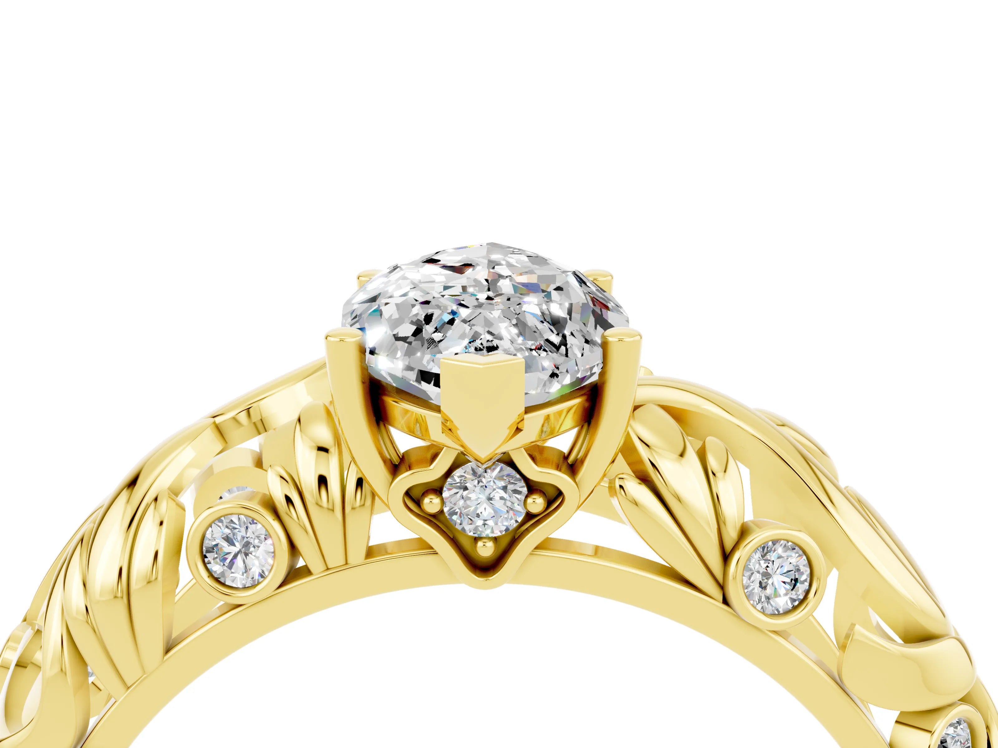 Yellow gold Marquise Cut Solitaire Moissanite Leaf-Inspired Vine Band Ring with Prong Setting_4