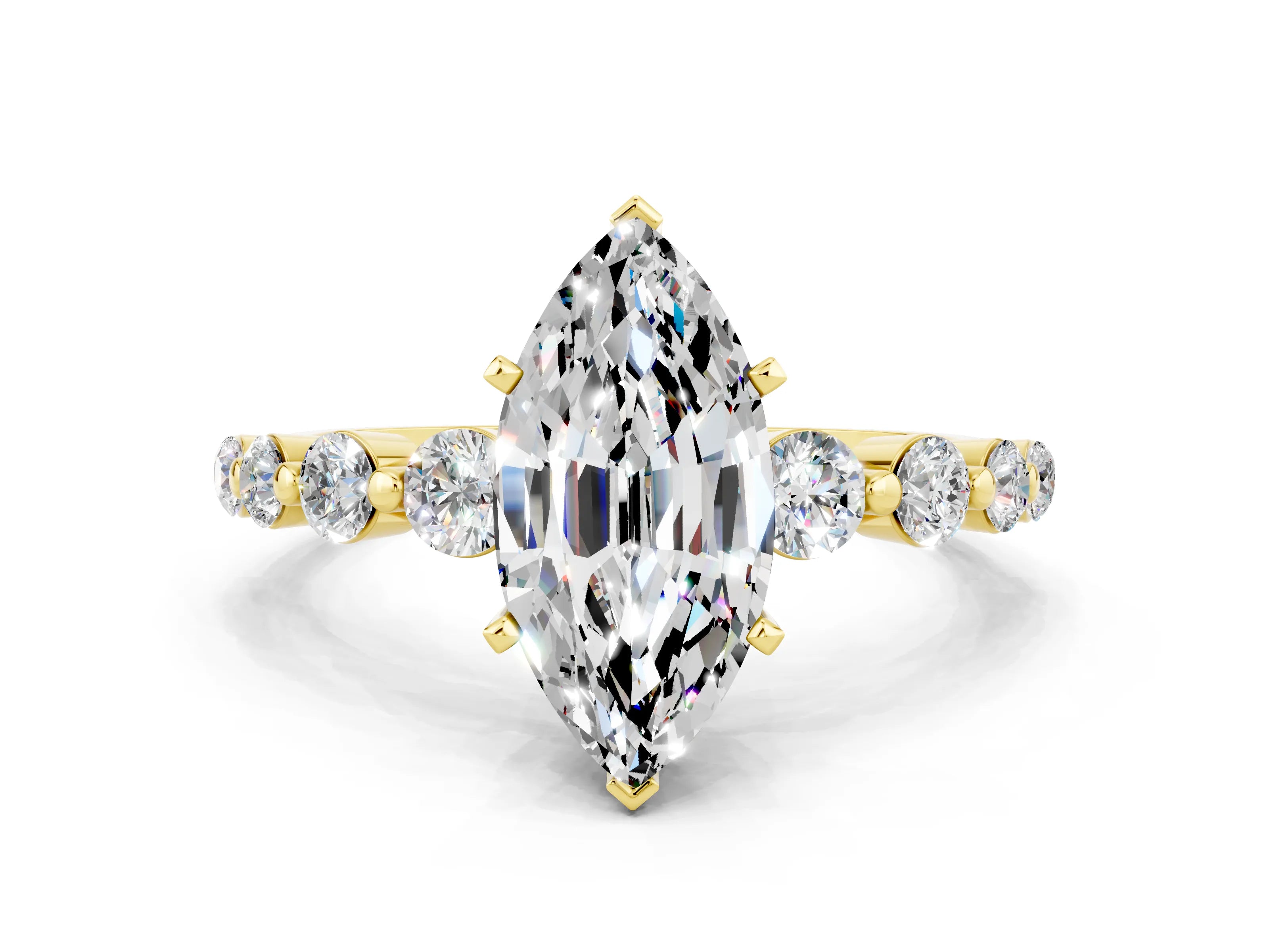 Yellow gold Marquise Cut Solitaire Moissanite Ring with Pave Band and Four-Prong Setting