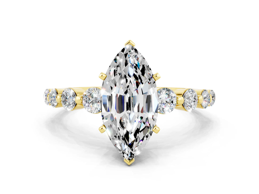 Yellow gold Marquise Cut Solitaire Moissanite Ring with Pave Band and Four-Prong Setting