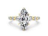 Yellow gold Marquise Cut Solitaire Moissanite Ring with Pave Band and Four-Prong Setting