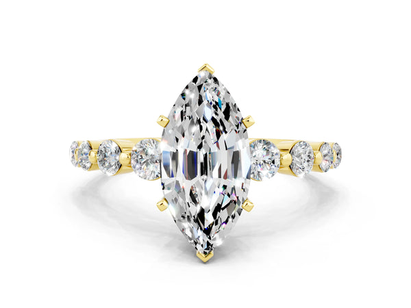 Yellow gold Marquise Cut Solitaire Moissanite Ring with Pave Band and Four-Prong Setting