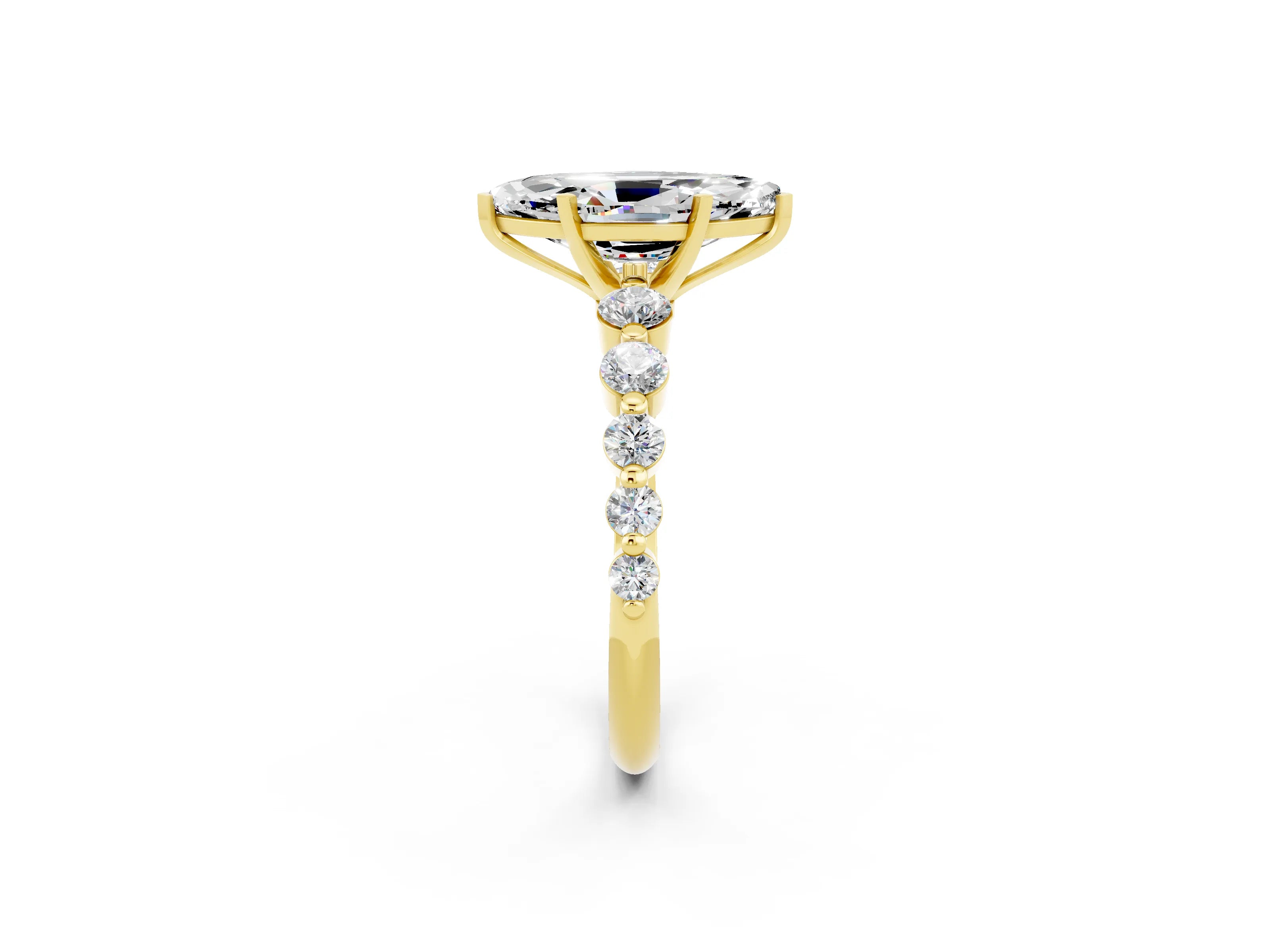 Yellow gold Marquise Cut Solitaire Moissanite Ring with Pave Band and Four-Prong Setting_2