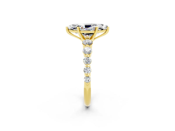 Yellow gold Marquise Cut Solitaire Moissanite Ring with Pave Band and Four-Prong Setting