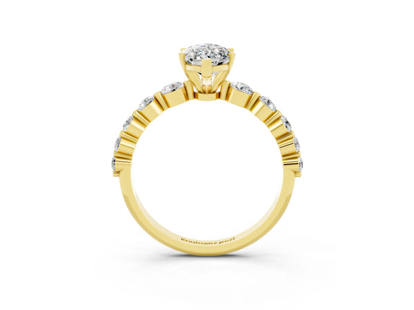 Yellow gold Marquise Cut Solitaire Moissanite Ring with Pave Band and Four-Prong Setting