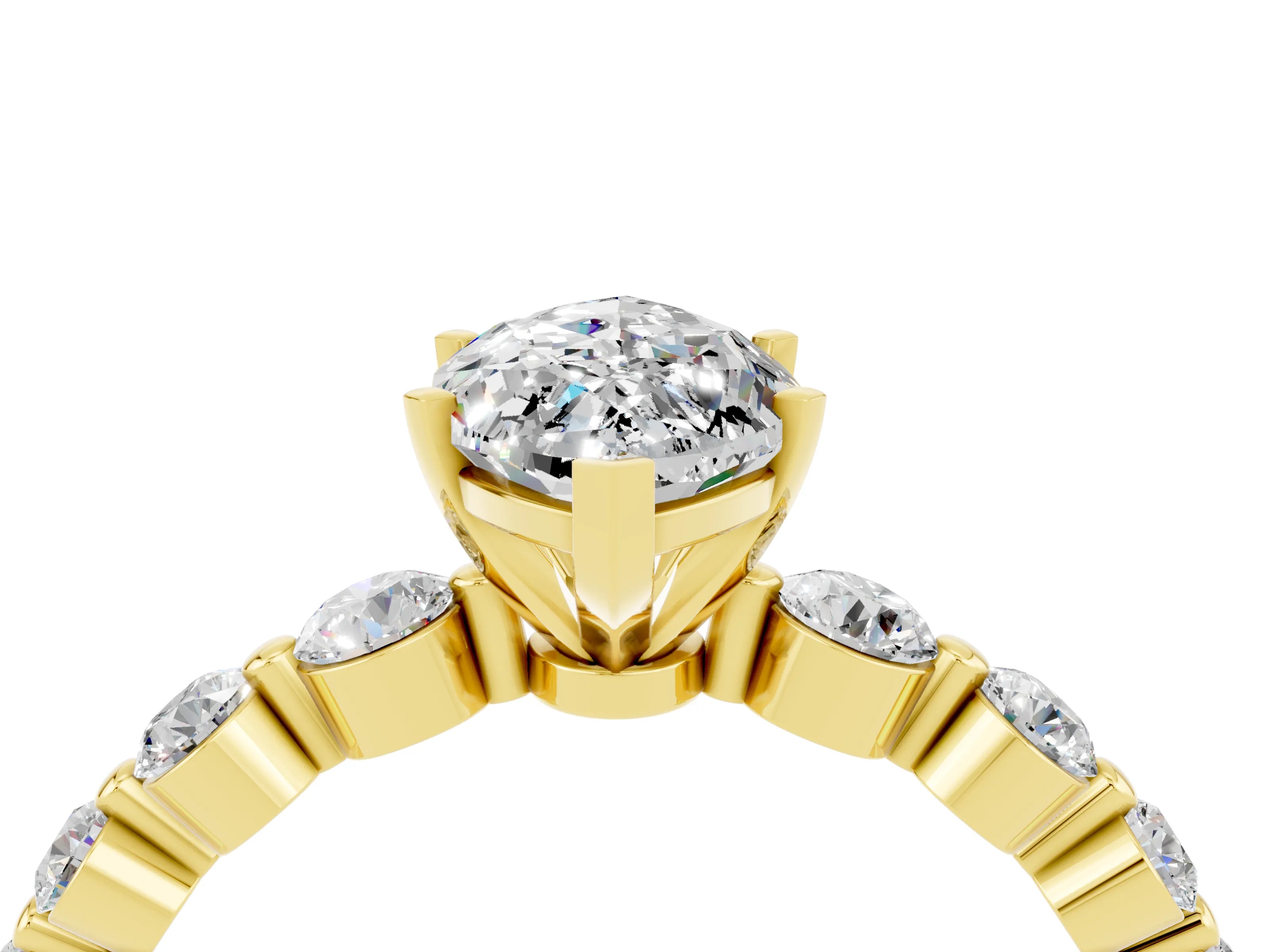 Yellow gold Marquise Cut Solitaire Moissanite Ring with Pave Band and Four-Prong Setting_4