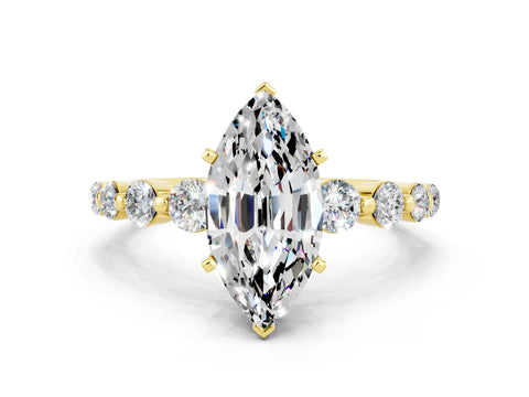Yellow gold Marquise Cut Solitaire Moissanite Ring with Pave Band and Four-Prong Setting