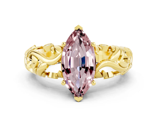 Yellow gold Marquise Cut Solitaire Morganite Leaf-Inspired Vine Band Ring with Prong Setting