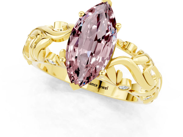 Yellow gold Marquise Cut Solitaire Morganite Leaf-Inspired Vine Band Ring with Prong Setting