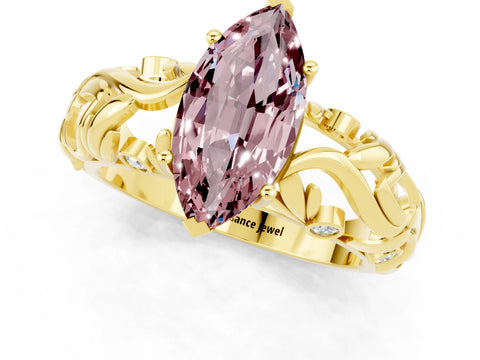 Yellow gold Marquise Cut Solitaire Morganite Leaf-Inspired Vine Band Ring with Prong Setting_1