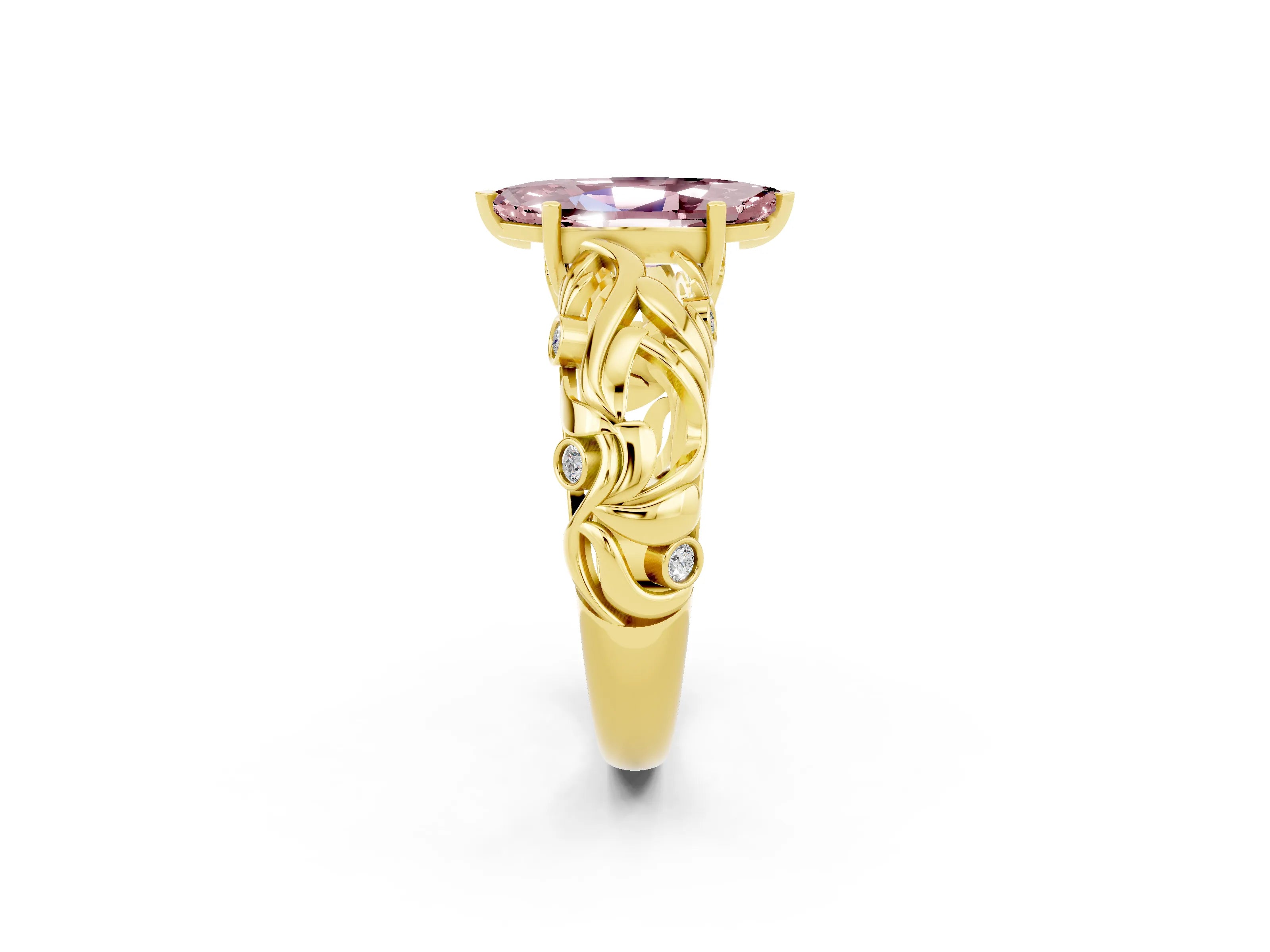 Yellow gold Marquise Cut Solitaire Morganite Leaf-Inspired Vine Band Ring with Prong Setting_2