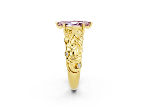 Yellow gold Marquise Cut Solitaire Morganite Leaf-Inspired Vine Band Ring with Prong Setting_2