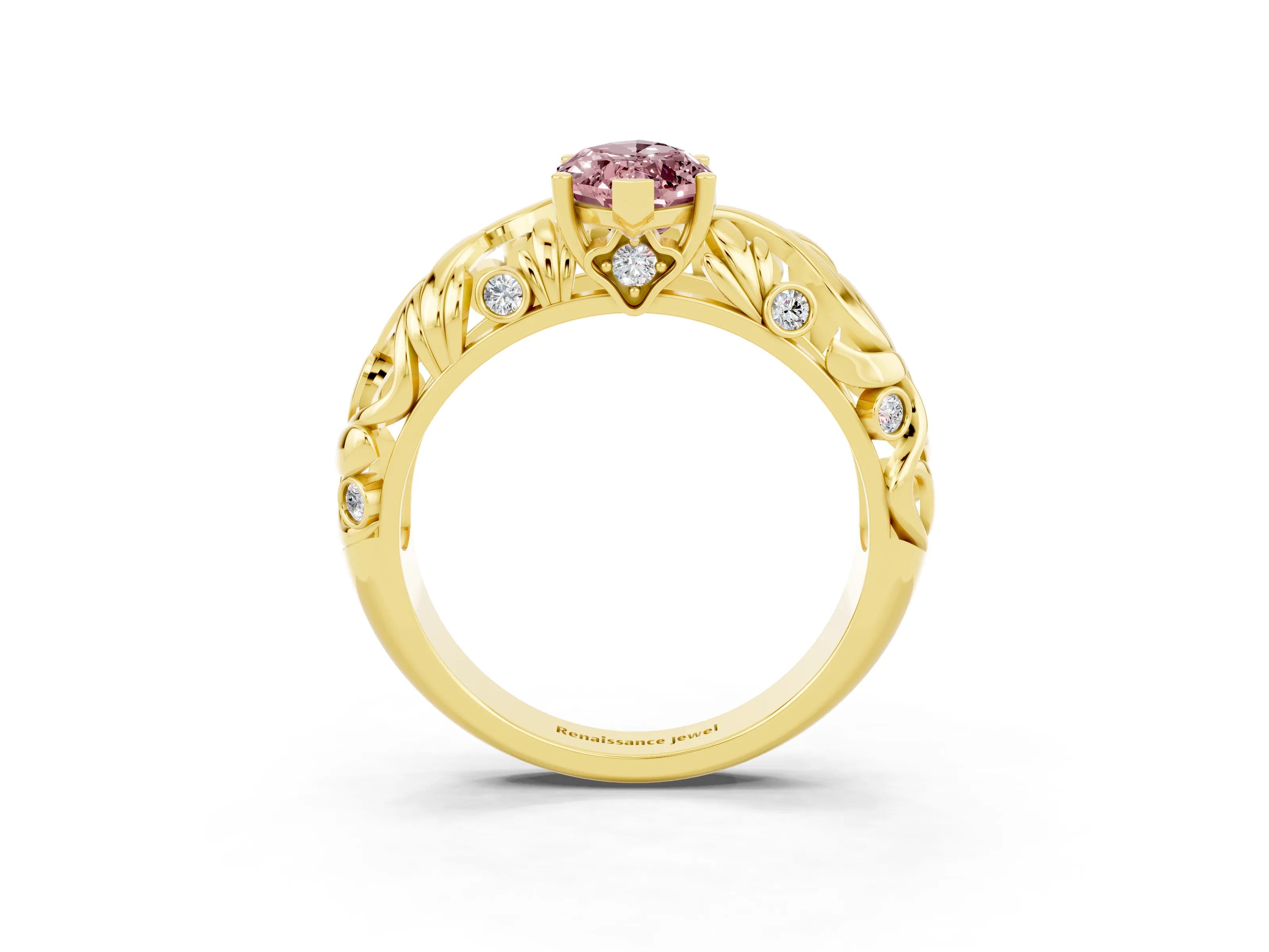 Yellow gold Marquise Cut Solitaire Morganite Leaf-Inspired Vine Band Ring with Prong Setting_3