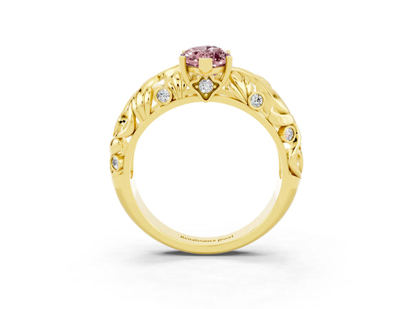 Yellow gold Marquise Cut Solitaire Morganite Leaf-Inspired Vine Band Ring with Prong Setting