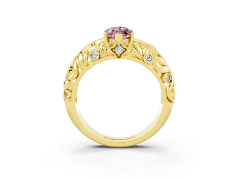 Yellow gold Marquise Cut Solitaire Morganite Leaf-Inspired Vine Band Ring with Prong Setting_3