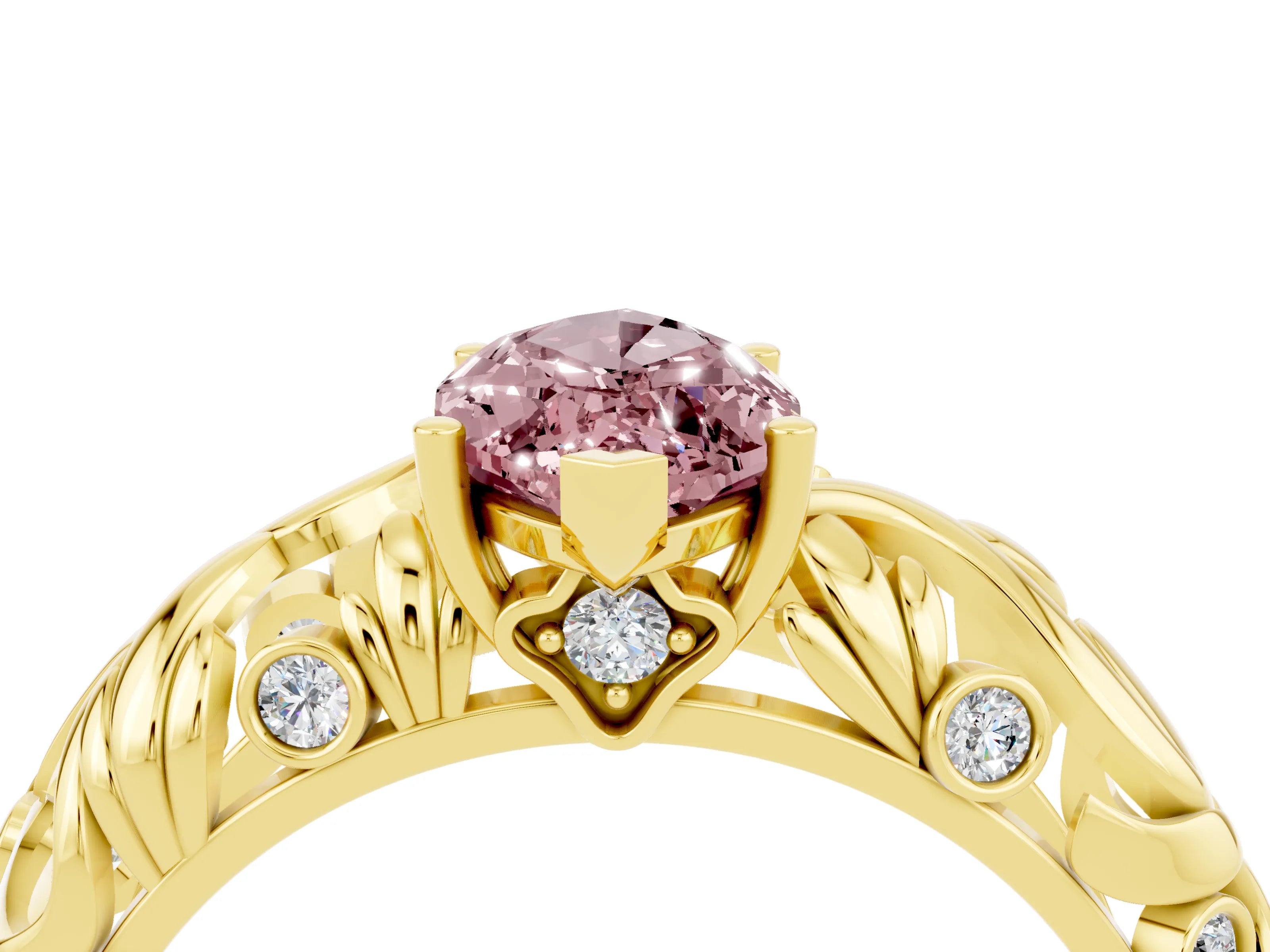 Yellow gold Marquise Cut Solitaire Morganite Leaf-Inspired Vine Band Ring with Prong Setting_4