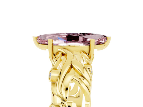 Yellow gold Marquise Cut Solitaire Morganite Leaf-Inspired Vine Band Ring with Prong Setting_5