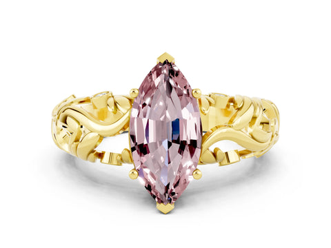 Yellow gold Marquise Cut Solitaire Morganite Leaf-Inspired Vine Band Ring with Prong Setting