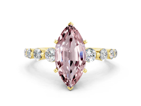 Yellow gold Marquise Cut Solitaire Morganite Ring with Pave Band and Four-Prong Setting