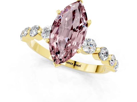 Yellow gold Marquise Cut Solitaire Morganite Ring with Pave Band and Four-Prong Setting_1