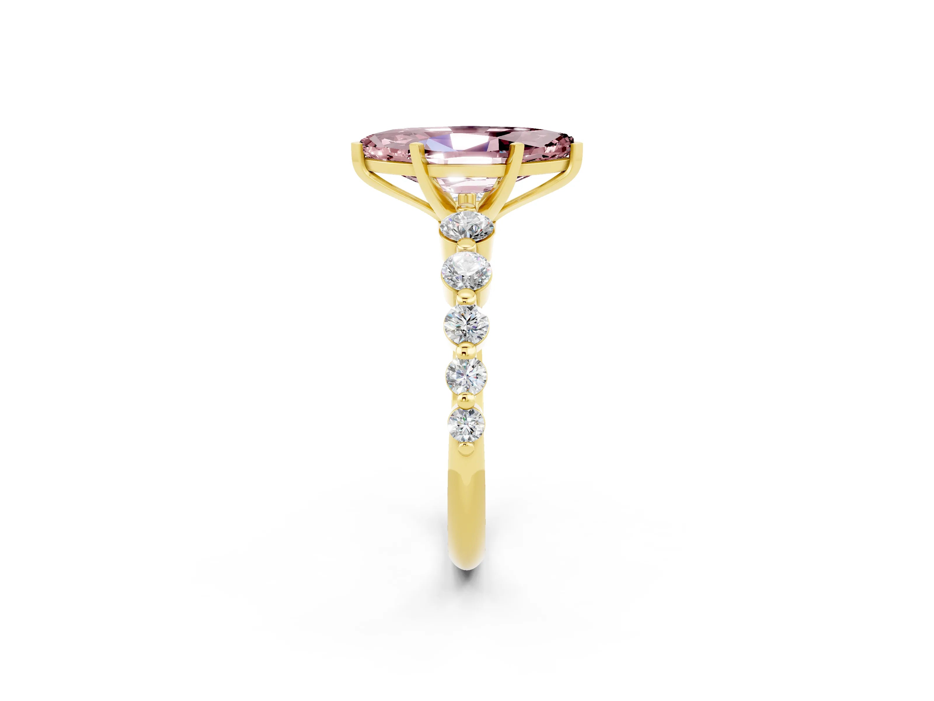 Yellow gold Marquise Cut Solitaire Morganite Ring with Pave Band and Four-Prong Setting_2