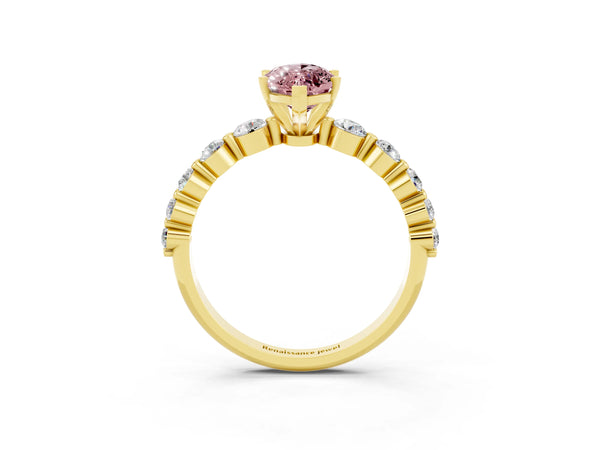 Yellow gold Marquise Cut Solitaire Morganite Ring with Pave Band and Four-Prong Setting