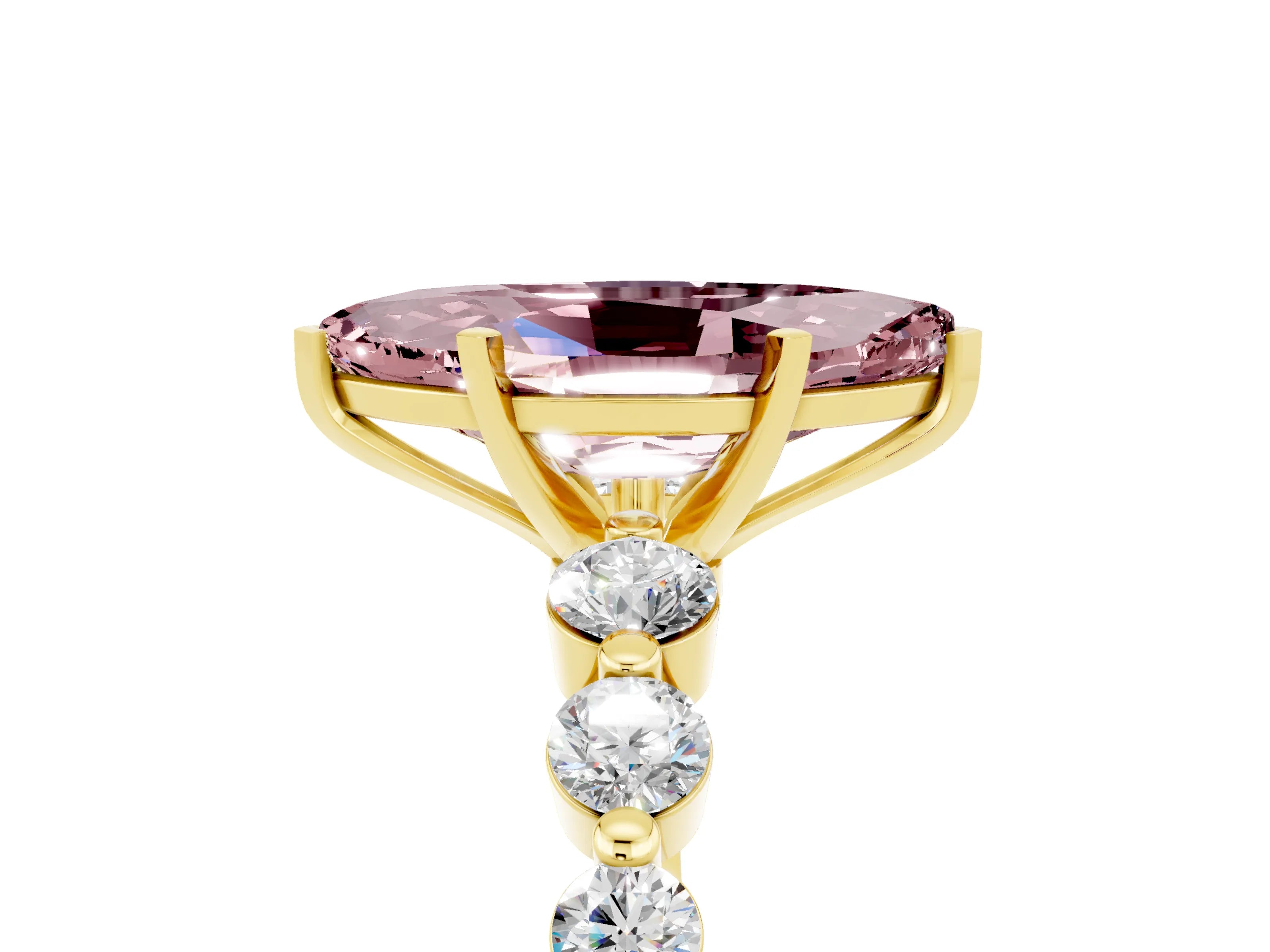Yellow gold Marquise Cut Solitaire Morganite Ring with Pave Band and Four-Prong Setting_5