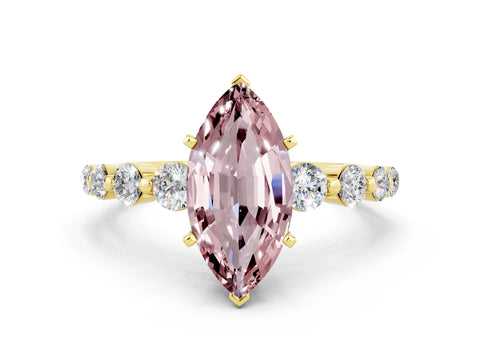 Yellow gold Marquise Cut Solitaire Morganite Ring with Pave Band and Four-Prong Setting