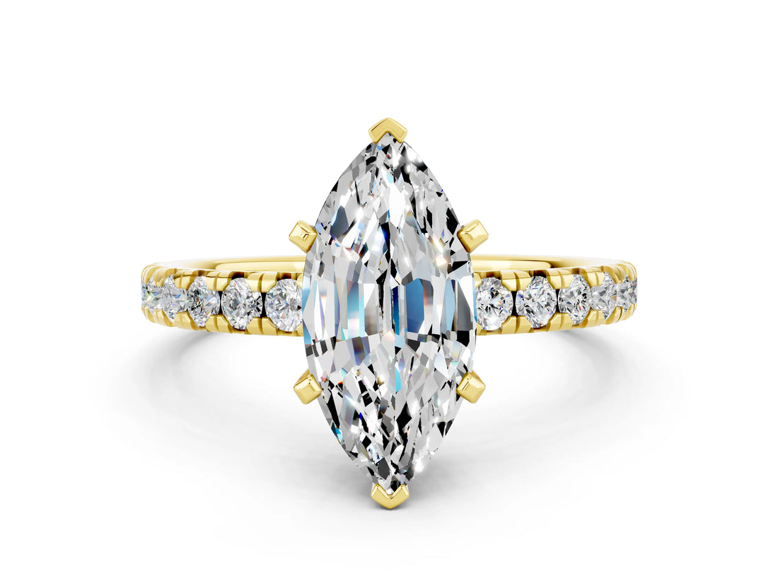 Yellow gold Marquise Cut Solitaire Pave Diamond Engagement Ring with Four-Prong Setting