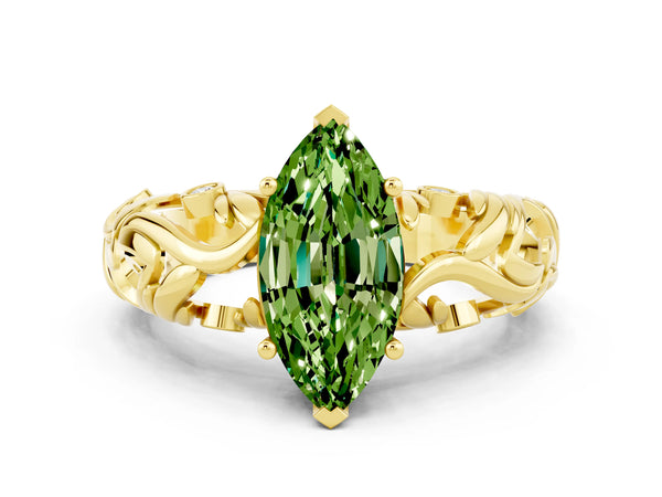 Yellow gold Marquise Cut Solitaire Peridot Leaf-Inspired Vine Band Ring with Prong Setting
