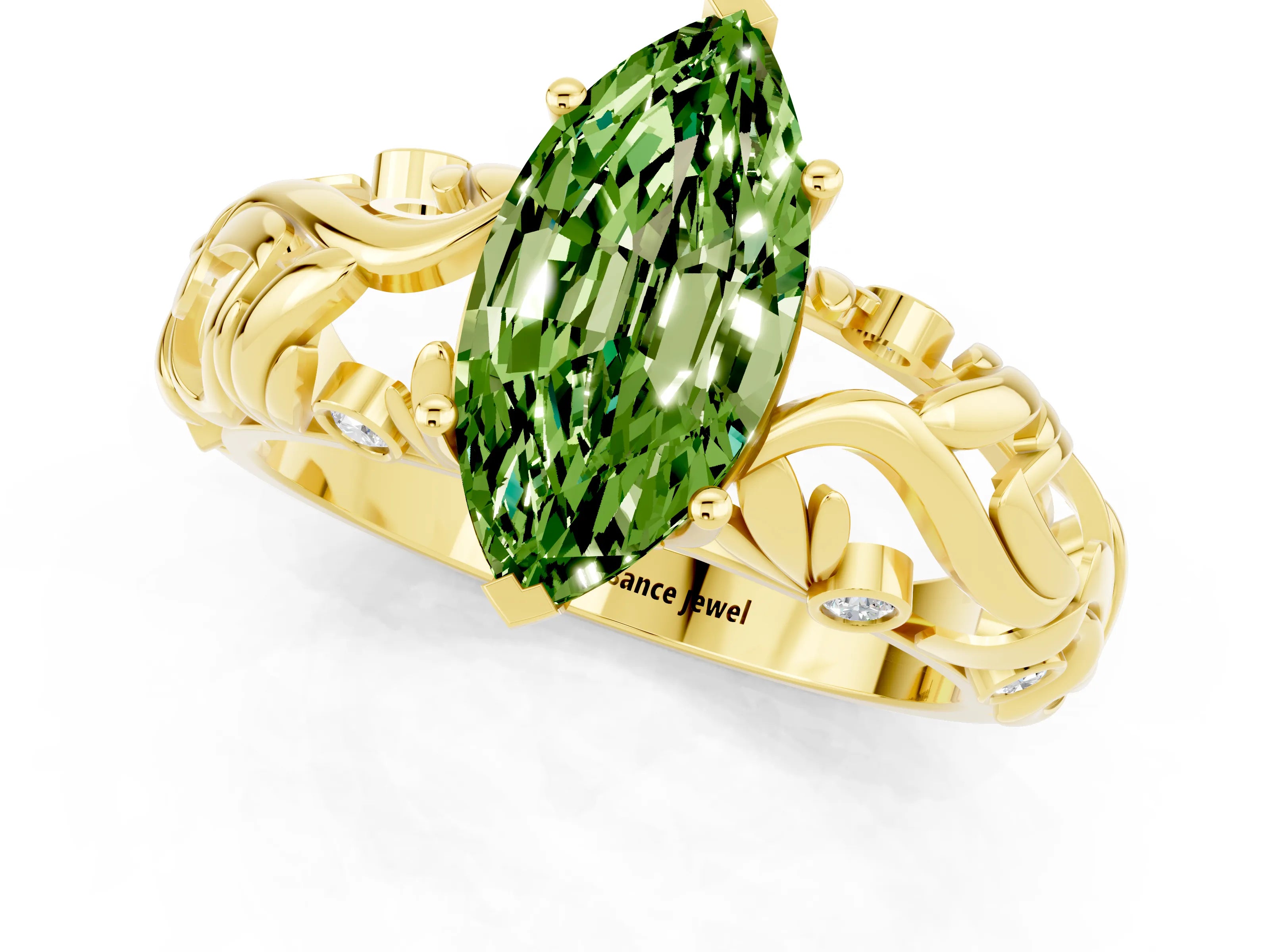 Yellow gold Marquise Cut Solitaire Peridot Leaf-Inspired Vine Band Ring with Prong Setting_1