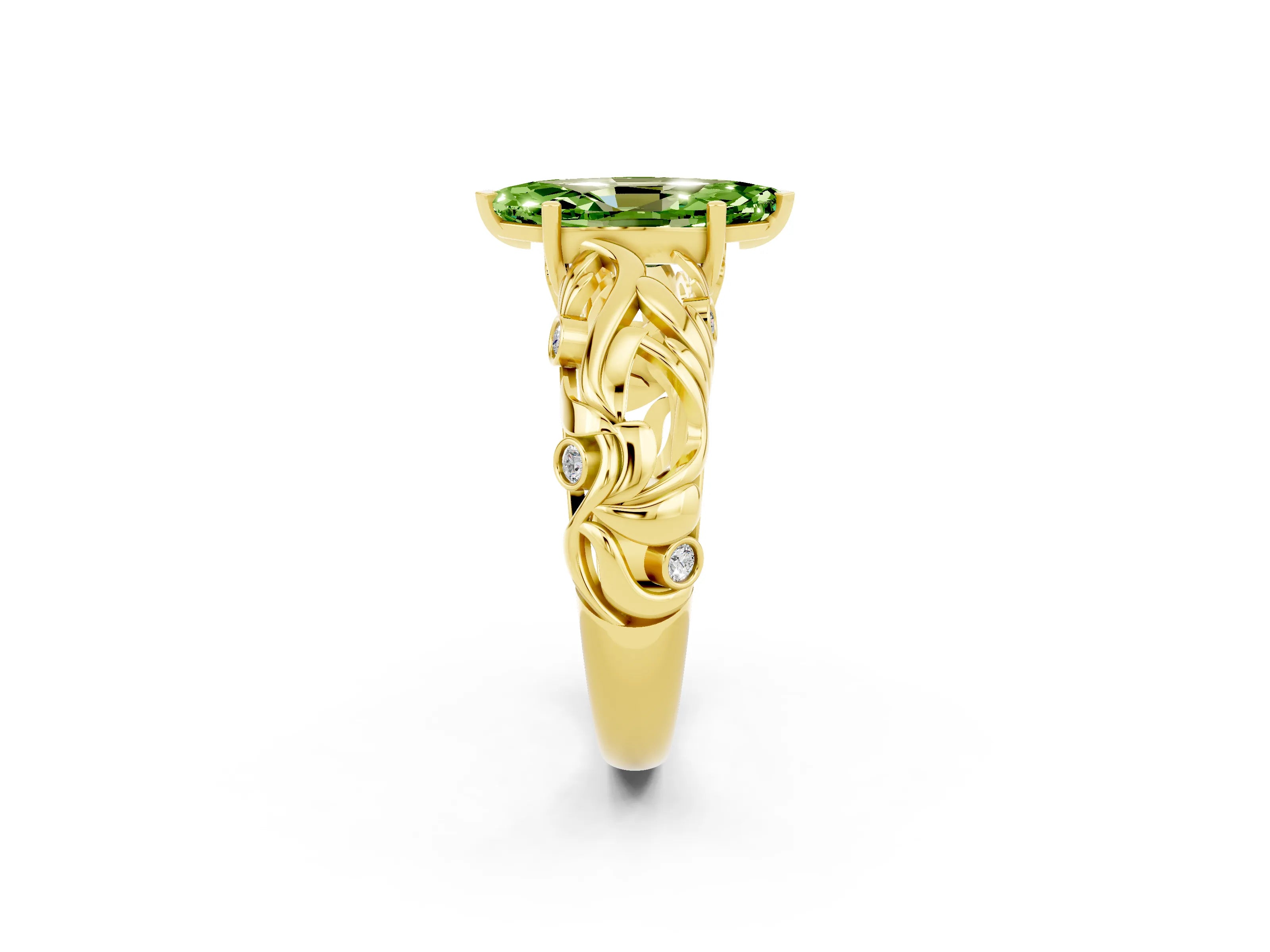 Yellow gold Marquise Cut Solitaire Peridot Leaf-Inspired Vine Band Ring with Prong Setting_2