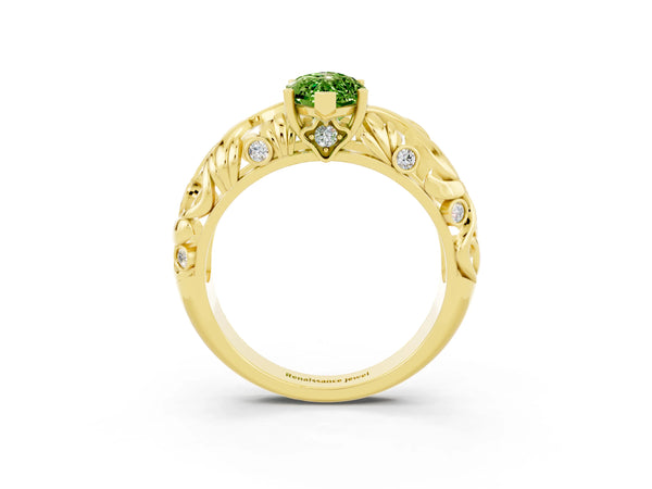 Yellow gold Marquise Cut Solitaire Peridot Leaf-Inspired Vine Band Ring with Prong Setting