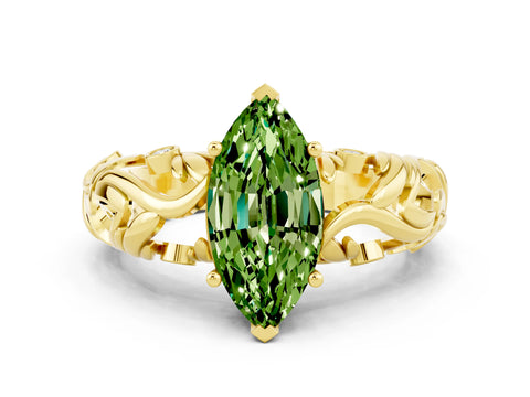 Yellow gold Marquise Cut Solitaire Peridot Leaf-Inspired Vine Band Ring with Prong Setting