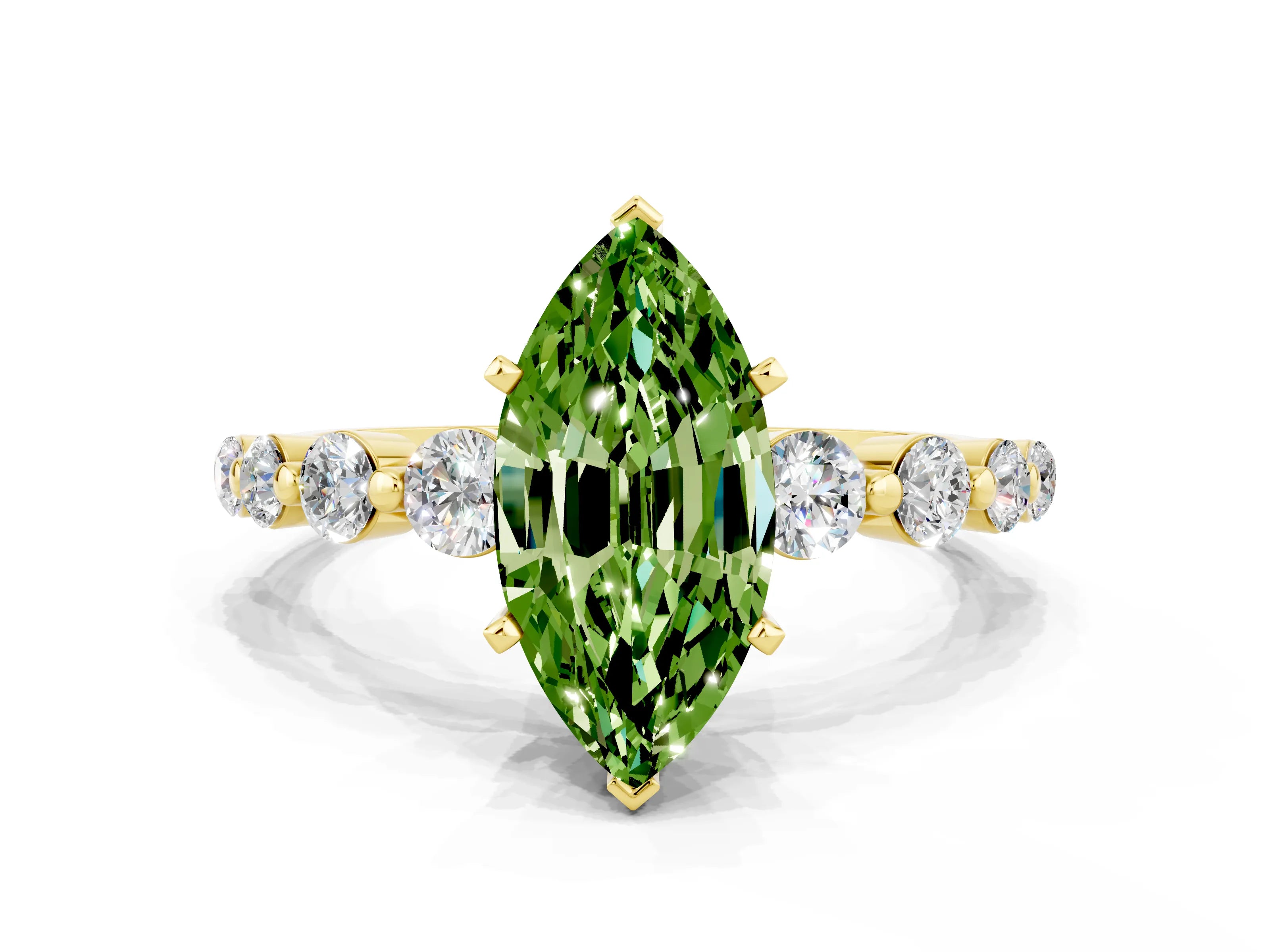 Yellow gold Marquise Cut Solitaire Peridot Ring with Pave Band and Four-Prong Setting