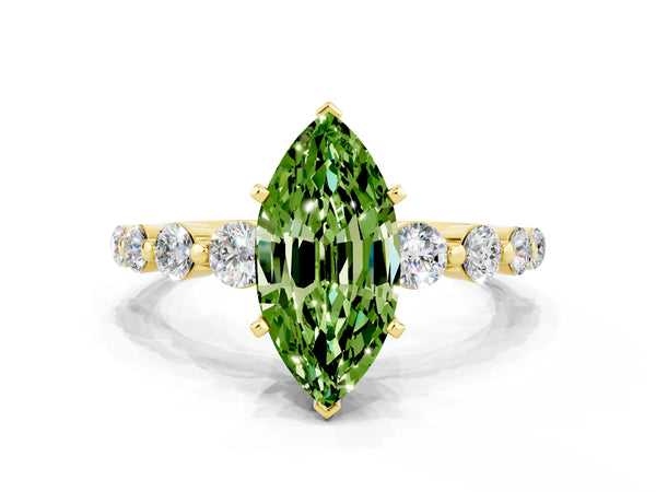 Yellow gold Marquise Cut Solitaire Peridot Ring with Pave Band and Four-Prong Setting