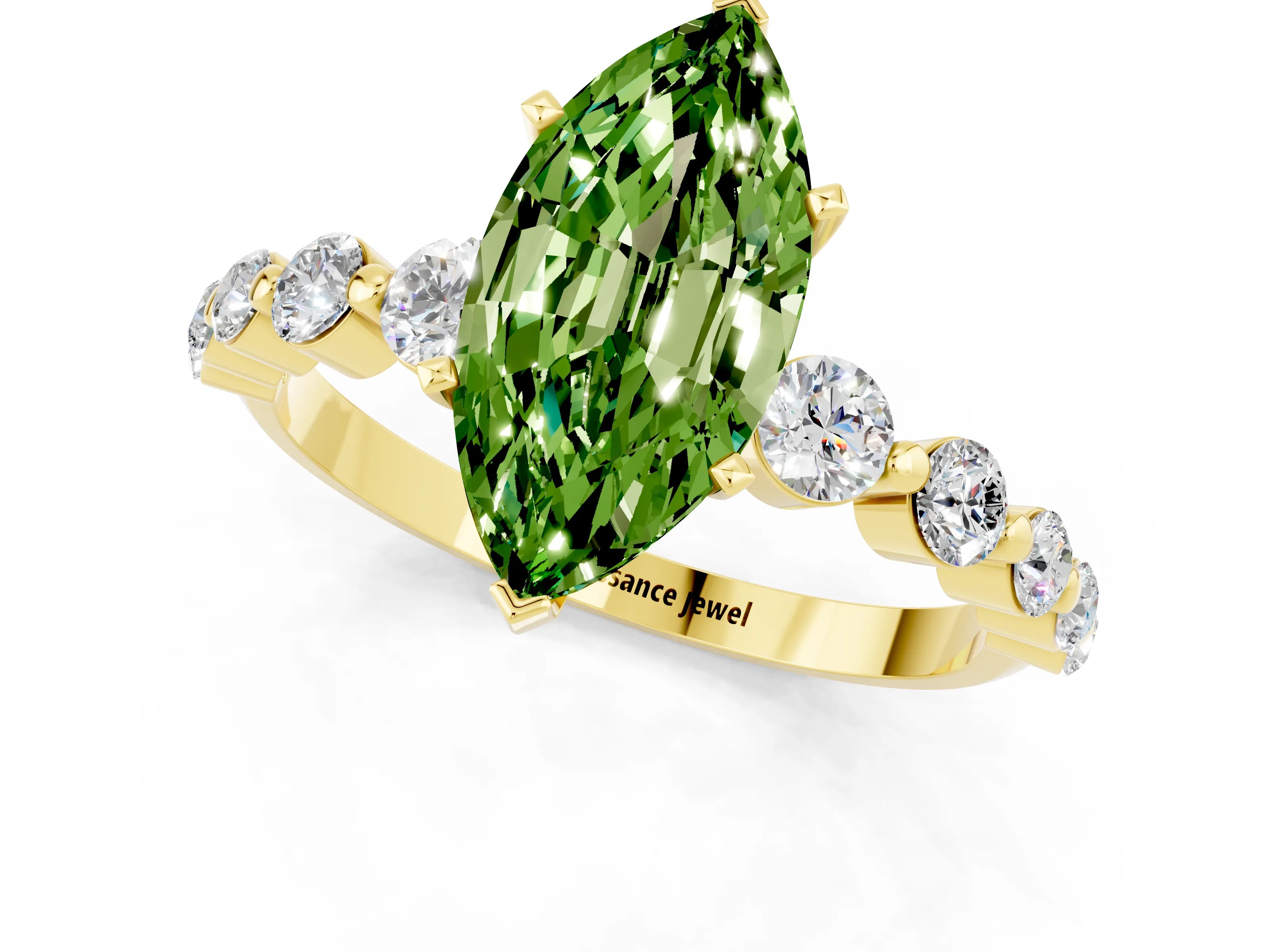 Yellow gold Marquise Cut Solitaire Peridot Ring with Pave Band and Four-Prong Setting_1