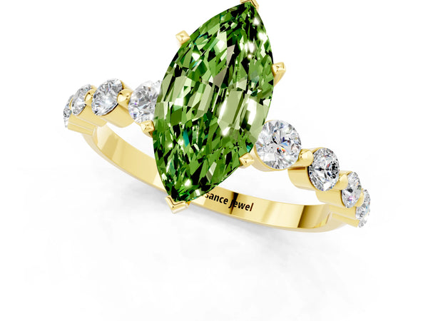 Yellow gold Marquise Cut Solitaire Peridot Ring with Pave Band and Four-Prong Setting