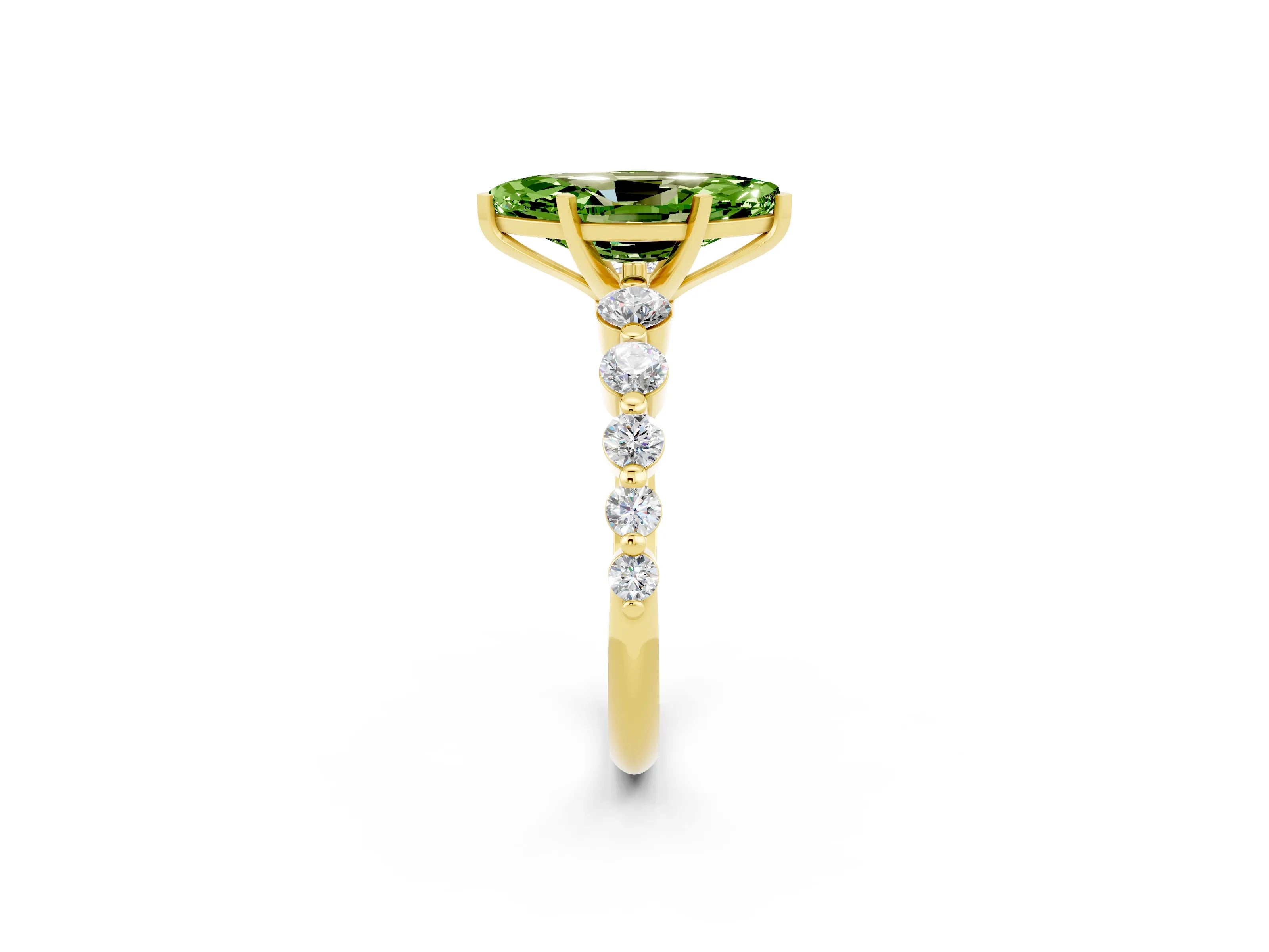 Yellow gold Marquise Cut Solitaire Peridot Ring with Pave Band and Four-Prong Setting_2