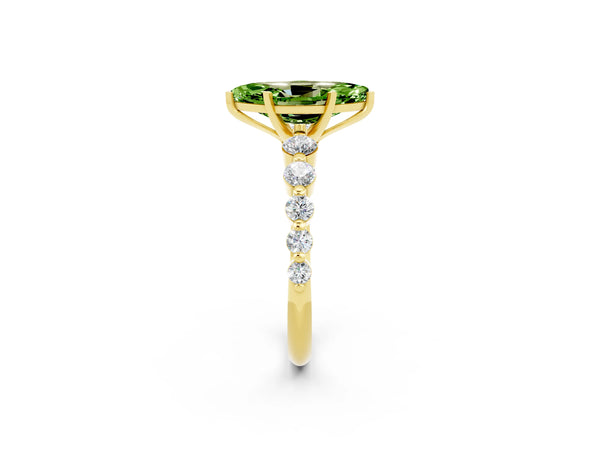 Yellow gold Marquise Cut Solitaire Peridot Ring with Pave Band and Four-Prong Setting