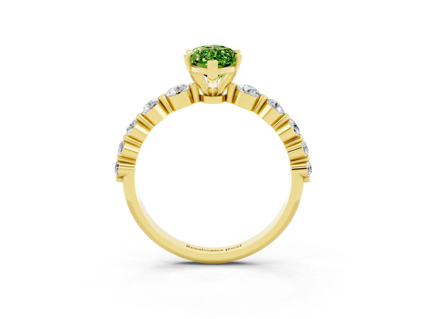 Yellow gold Marquise Cut Solitaire Peridot Ring with Pave Band and Four-Prong Setting