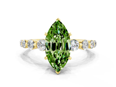 Yellow gold Marquise Cut Solitaire Peridot Ring with Pave Band and Four-Prong Setting