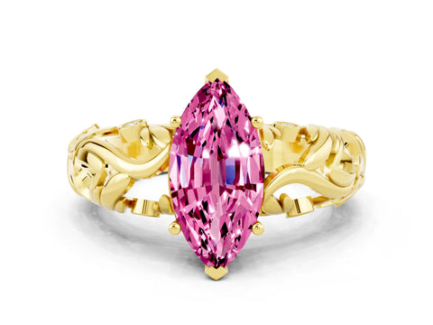 Yellow gold Marquise Cut Solitaire Pink Sapphire Leaf-Inspired Vine Band Ring with Prong Setting_24
