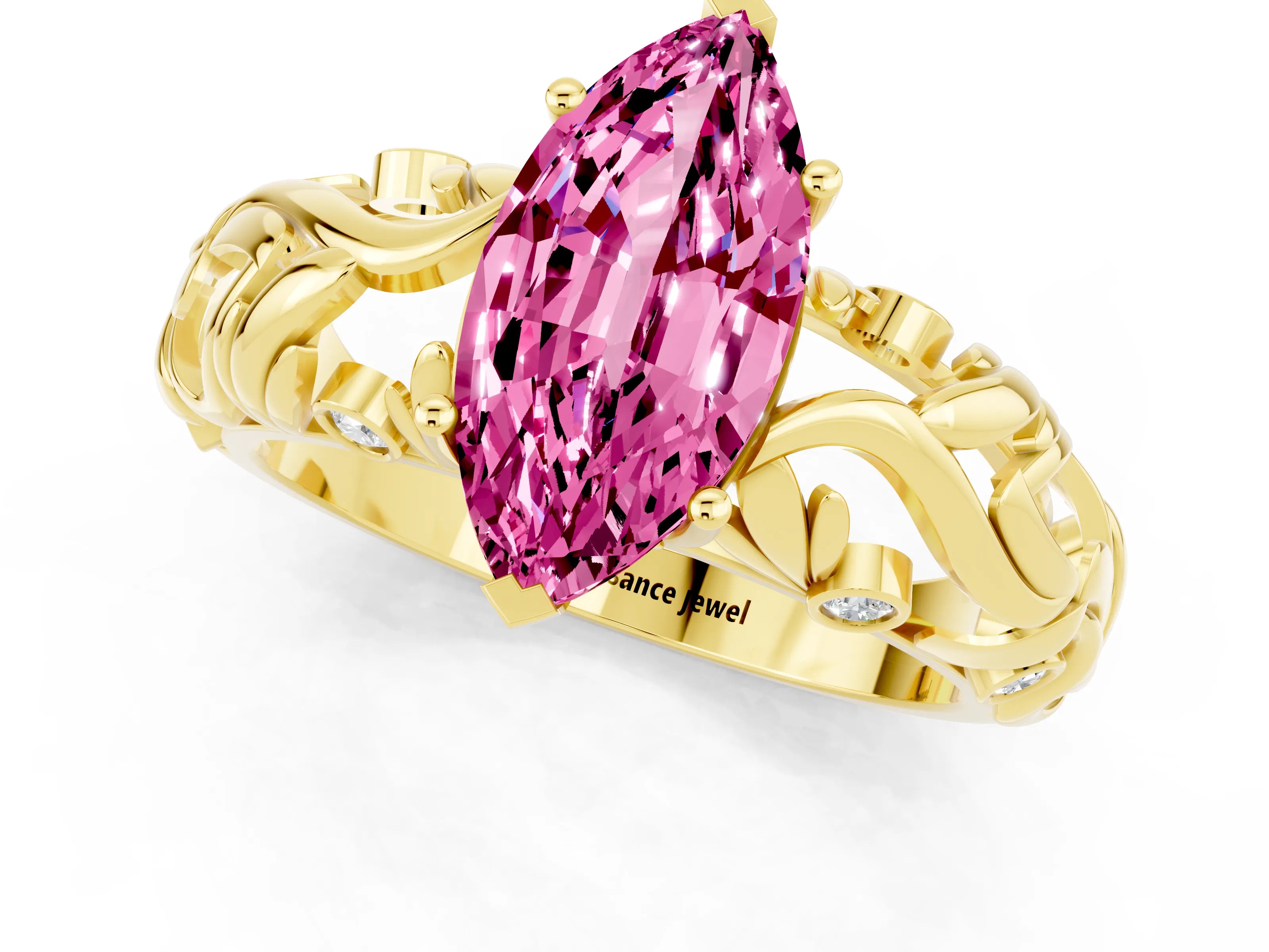 Yellow gold Marquise Cut Solitaire Pink Sapphire Leaf-Inspired Vine Band Ring with Prong Setting_25