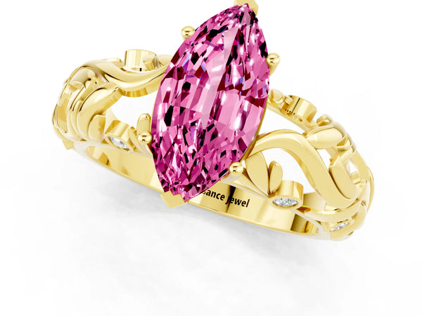 Yellow gold Marquise Cut Solitaire Pink Sapphire Leaf-Inspired Vine Band Ring with Prong Setting