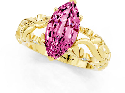 Yellow gold Marquise Cut Solitaire Pink Sapphire Leaf-Inspired Vine Band Ring with Prong Setting_25